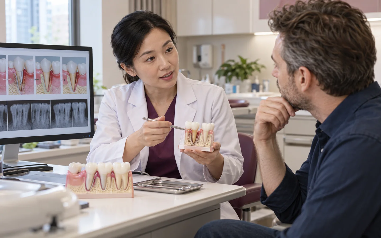 Chinese dental specialist explaining gum pocket bone support and staged periodontal treatment using a dental model to a fully clothed international patient