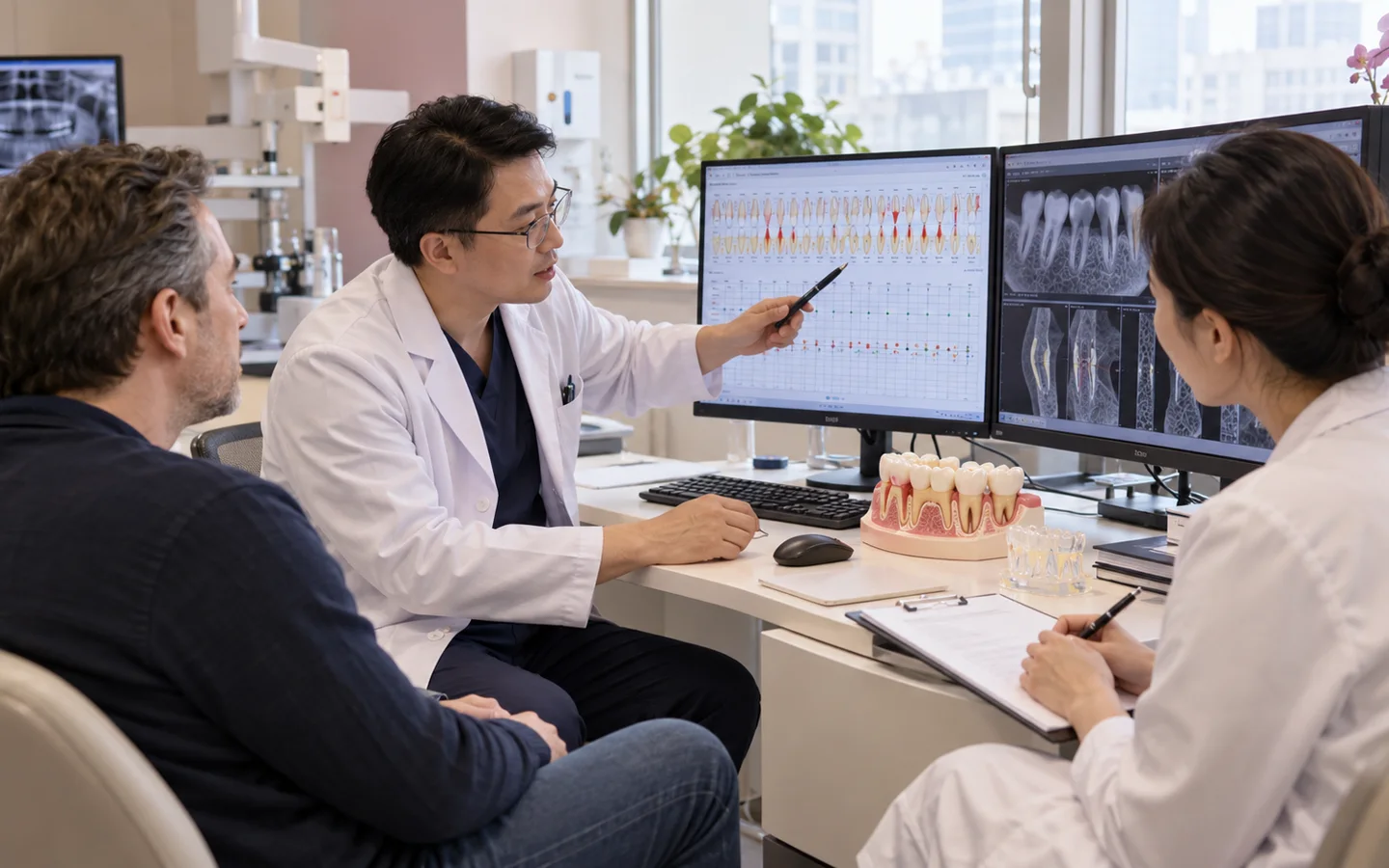 Chinese dental team reviewing periodontal chart radiographs plaque bleeding bone defects and risk factors