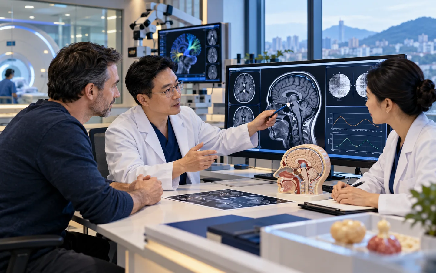 Chinese pituitary neurosurgeon and endocrinologist explaining MRI and hormone findings to an international patient