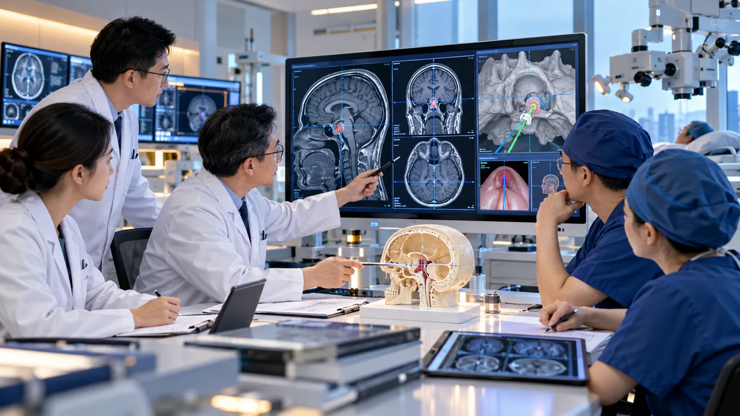 Chinese endoscopic skull base team planning a transsphenoidal pituitary operation with navigation