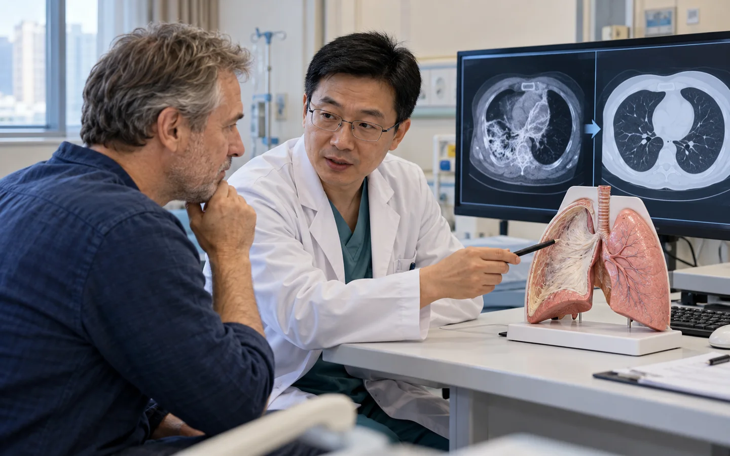 Chinese thoracic surgeon explaining pleural peel removal and lung re expansion to an international patient