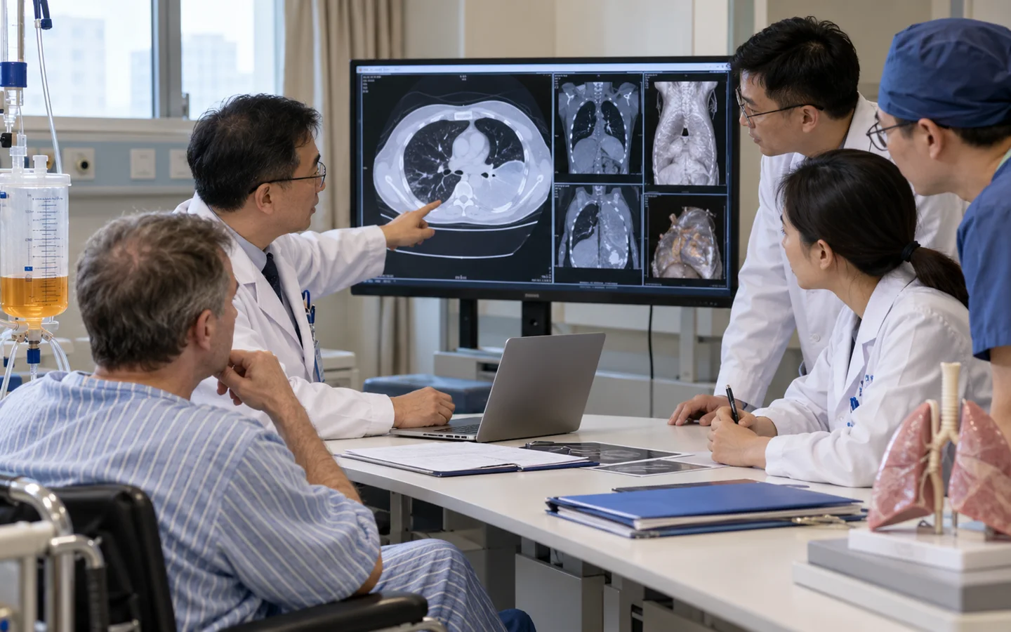Chinese pleural disease team reviewing CT pathology and chest drain history before decortication