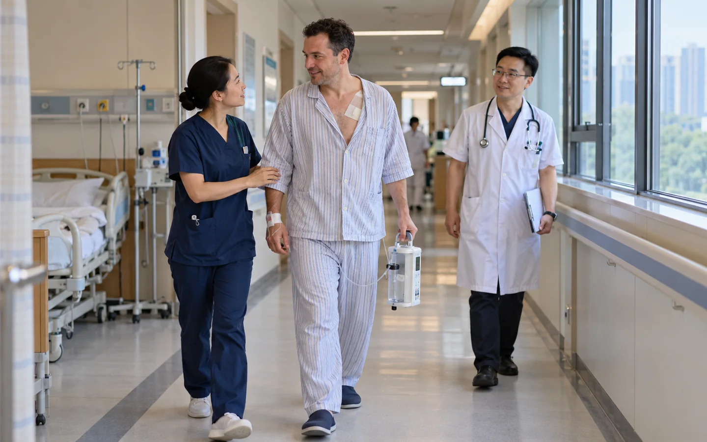 International patient practicing breathing and walking after VATS pneumothorax surgery