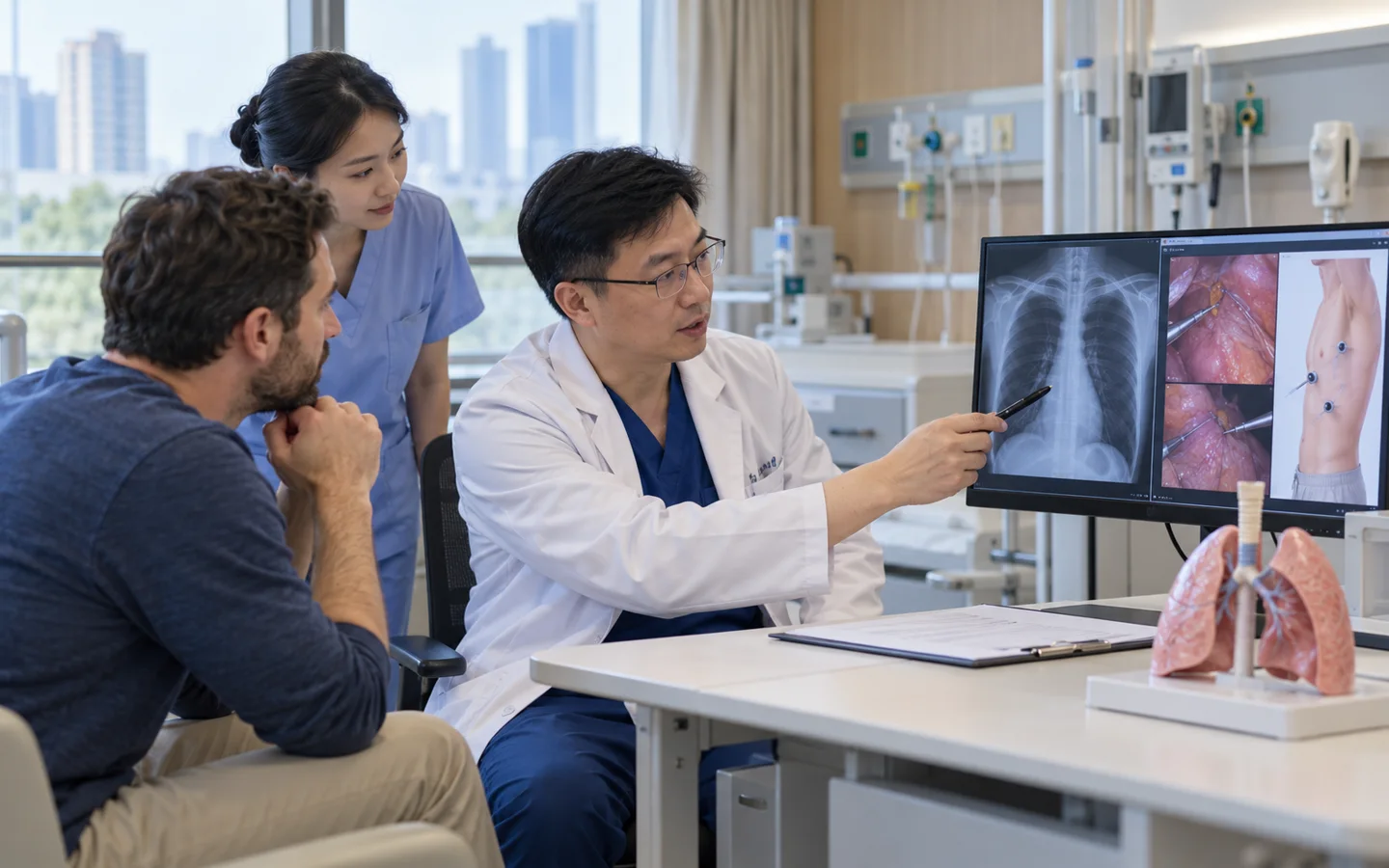 Chinese thoracic surgeon explaining recurrent pneumothorax and VATS treatment to an international patient