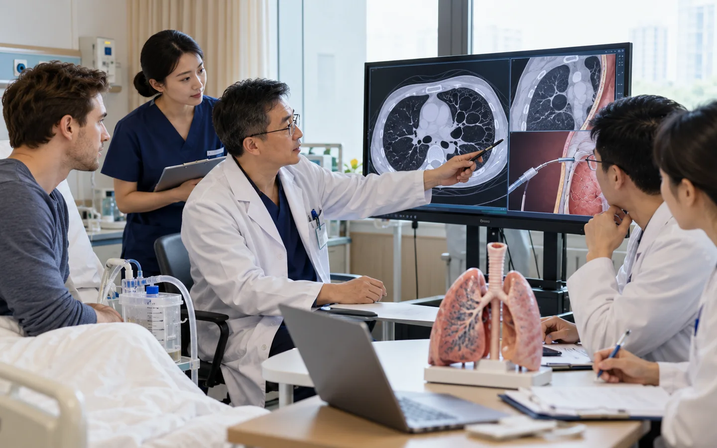 Chinese thoracic team reviewing CT blebs chest drain air leak and pleurodesis options
