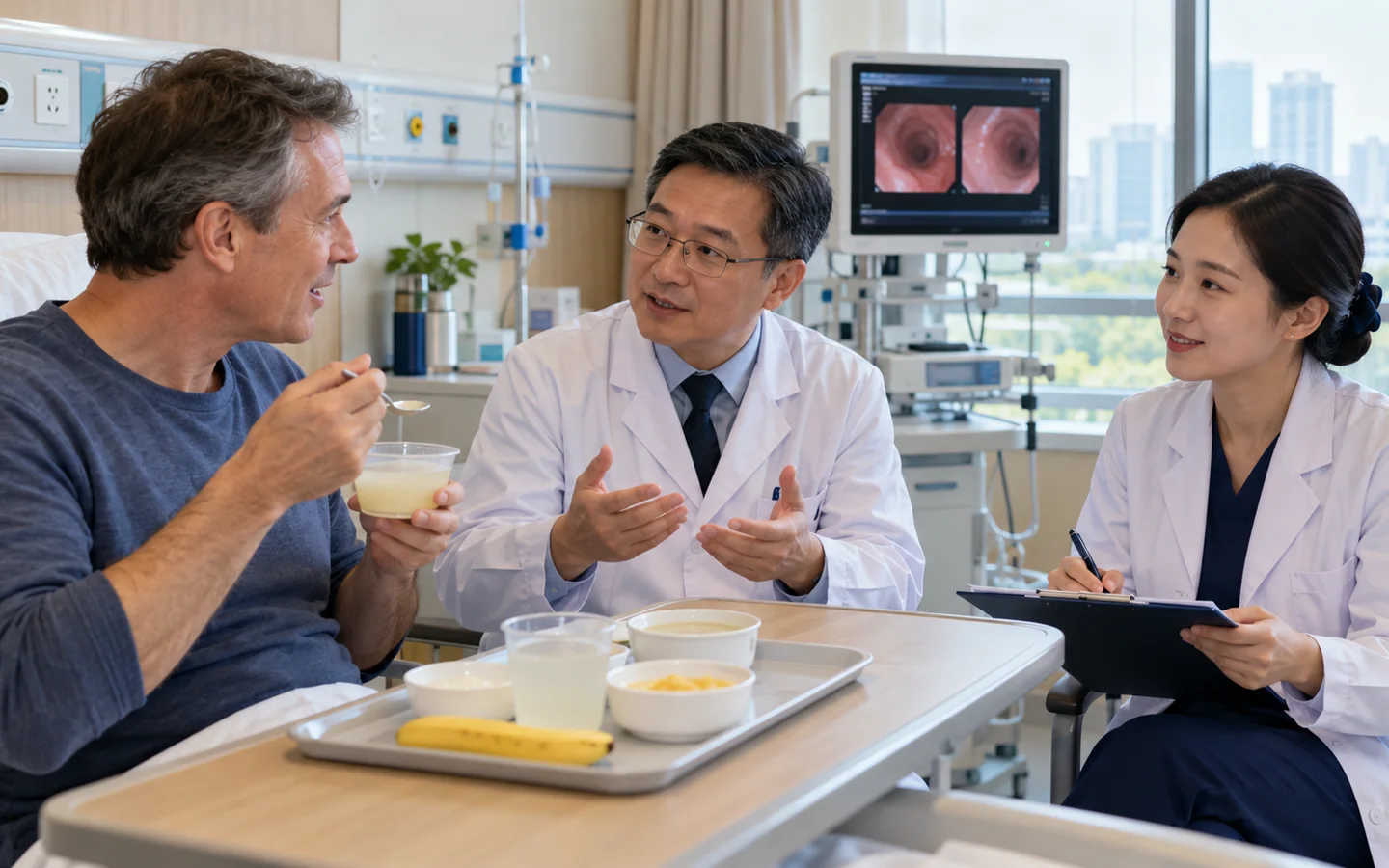 International patient reviewing liquid diet swallowing improvement and reflux medicine after POEM