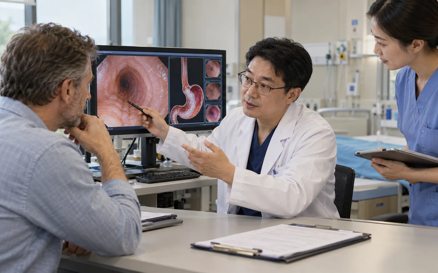 Chinese advanced endoscopist explaining POEM achalasia and reflux tradeoffs to an international patient