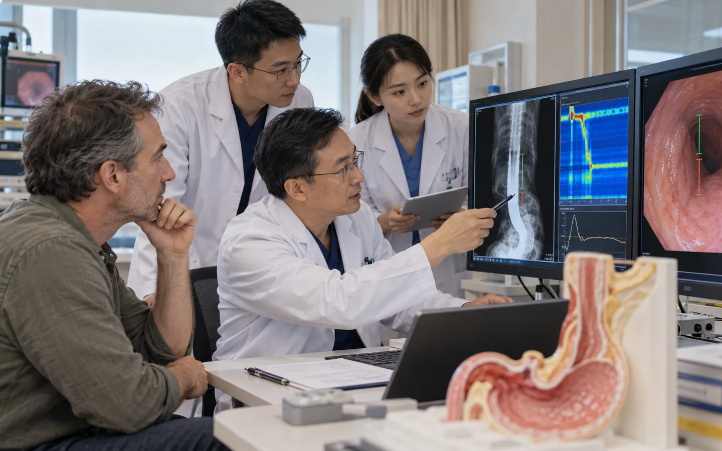 Chinese esophageal motility team reviewing manometry timed barium endoscopy and planned myotomy length