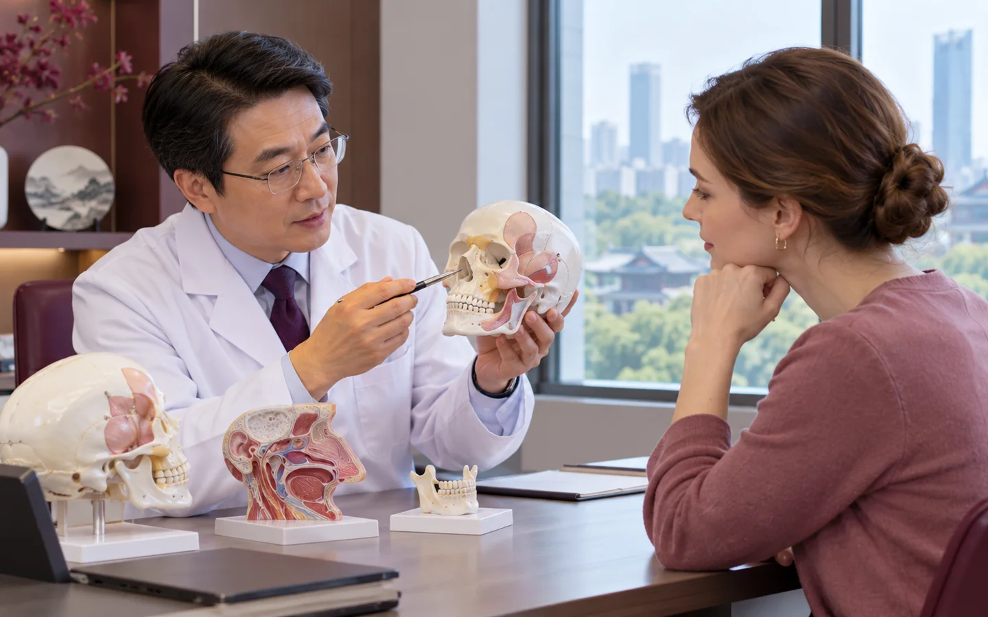 Chinese plastic and reconstructive surgeon explaining cancer removal and tissue reconstruction options using anatomical models to a fully clothed international patient
