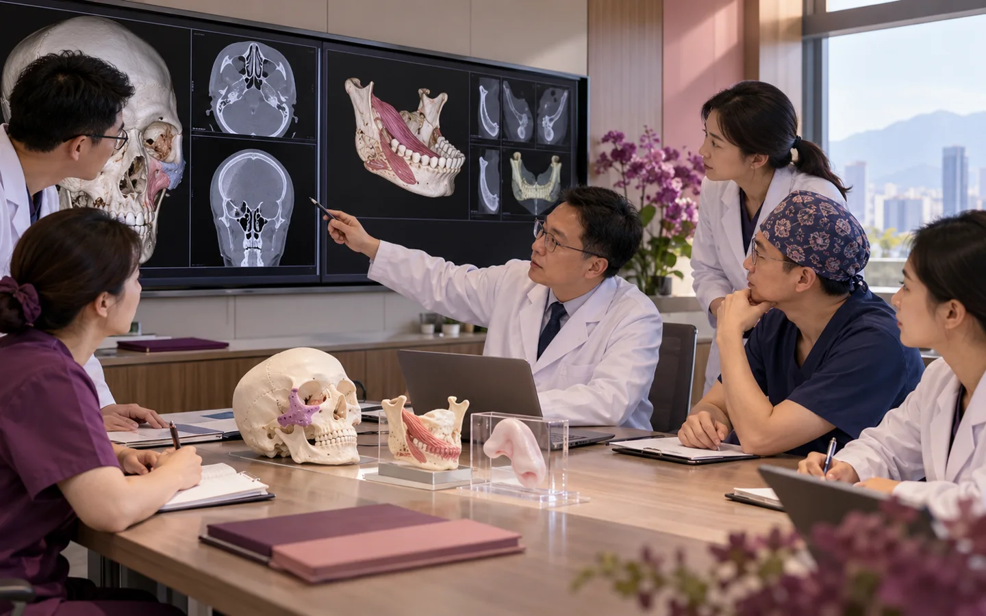 Chinese reconstructive team reviewing tumor extent radiation field defect size vessels donor sites and functional goals