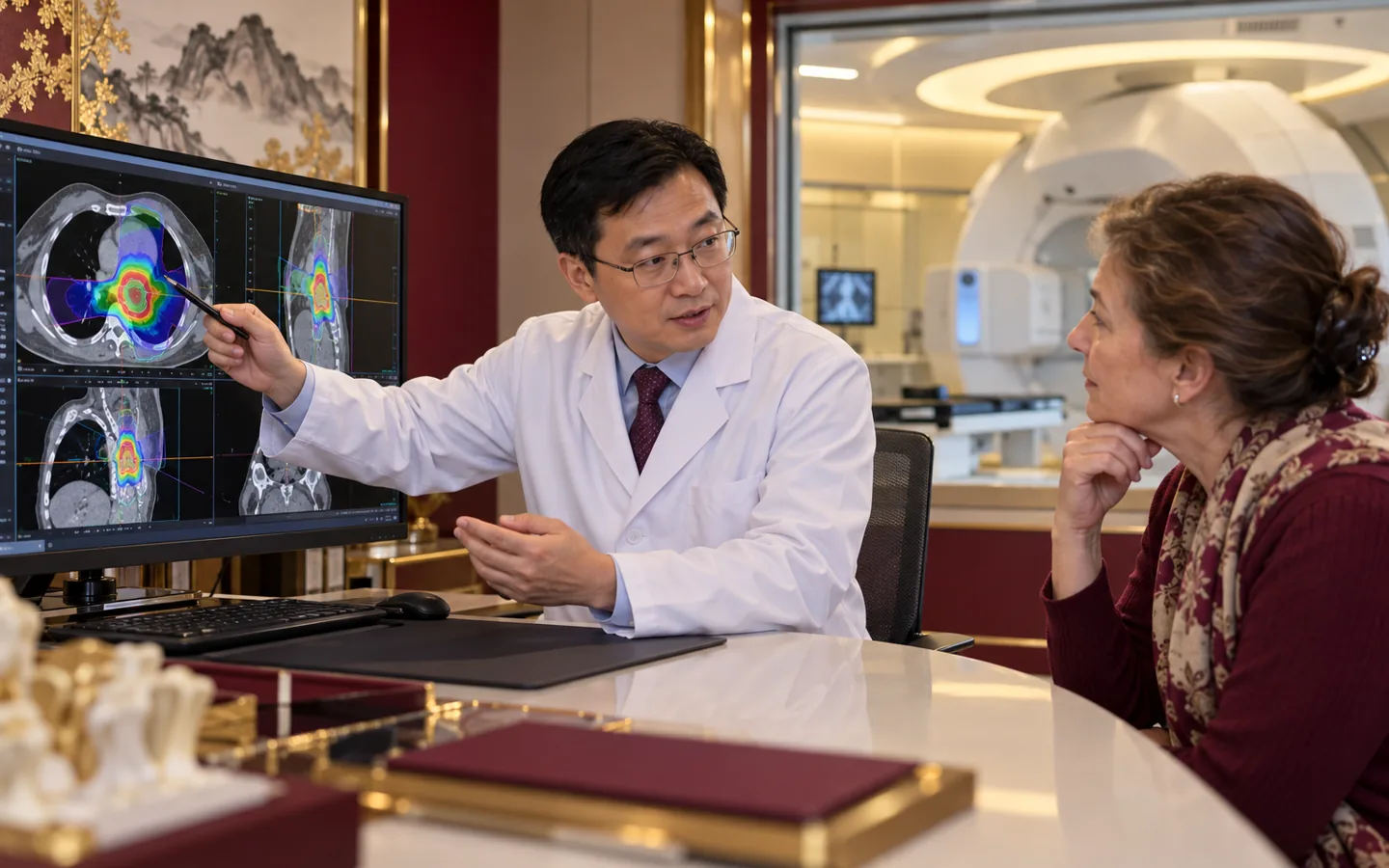 Chinese radiation oncologist explaining a precision radiotherapy plan with dose contours