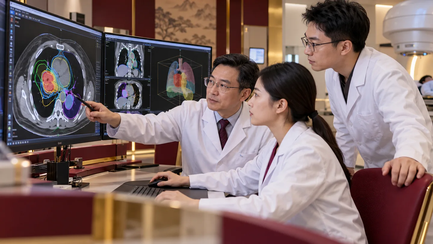 Chinese radiotherapy team positioning a patient with immobilization and image guidance
