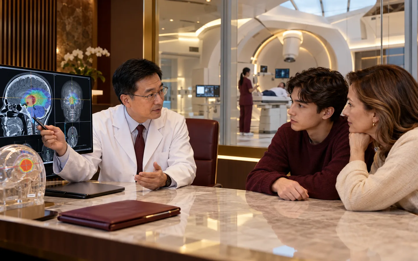 Chinese proton therapy physician explaining particle beam treatment to an international family
