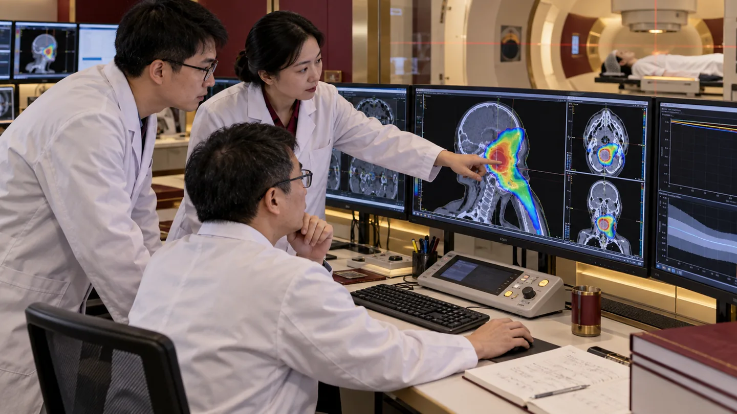Chinese medical physicists reviewing a proton dose plan and range uncertainty