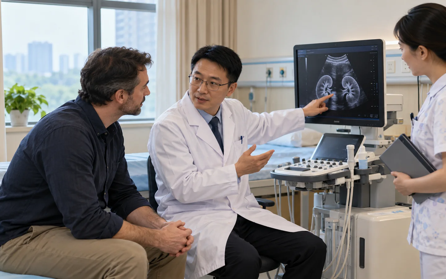 International patient reviewing stent removal and follow up kidney ultrasound after pyeloplasty