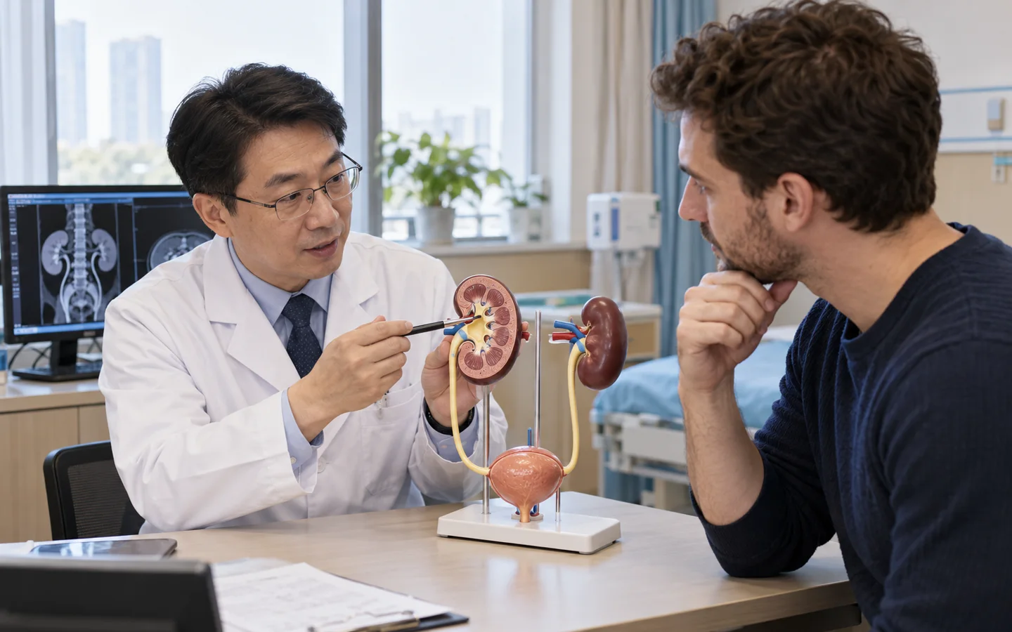 Chinese reconstructive urologist explaining pyeloplasty and kidney drainage to an international adult patient using a urinary model