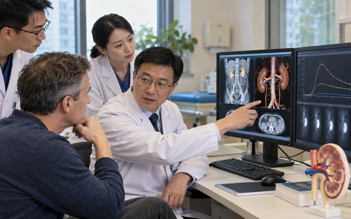 Chinese urology team reviewing CT urography renogram drainage curve and crossing vessel anatomy