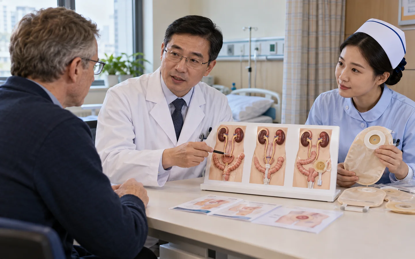 Chinese bladder cancer surgeon and stoma nurse explaining radical cystectomy urinary diversion options to an international patient