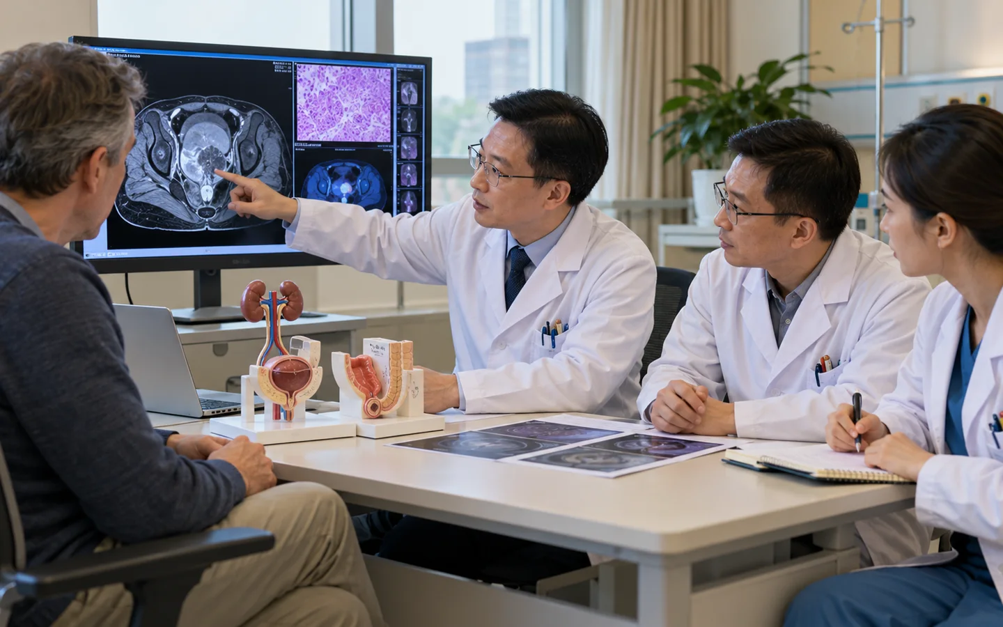 Chinese pelvic oncology team reviewing bladder MRI pathology chemotherapy and diversion anatomy