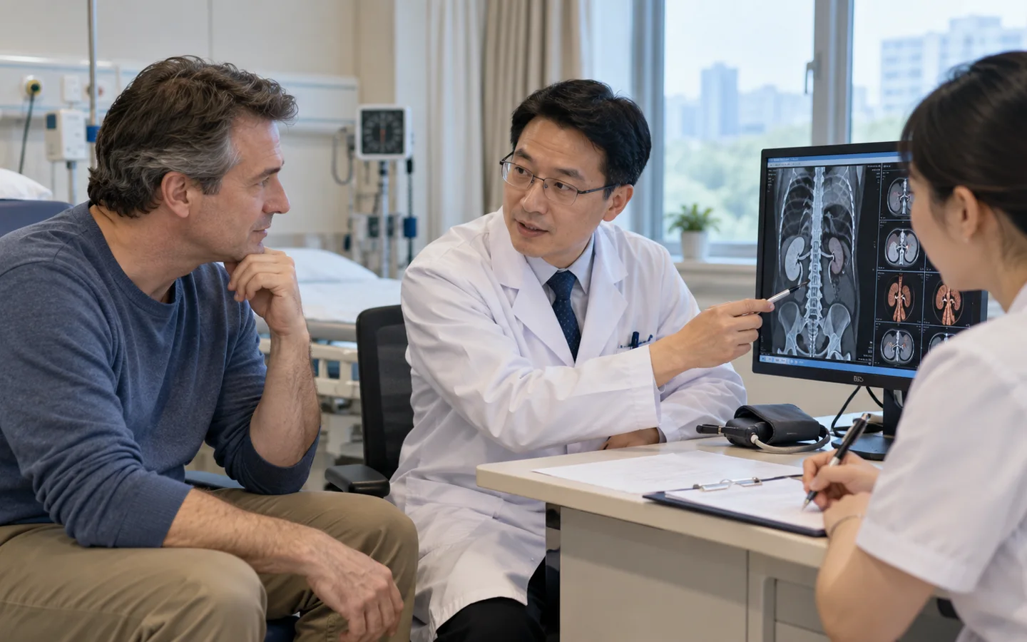 International adult patient discussing pathology blood pressure and single kidney follow up after nephrectomy
