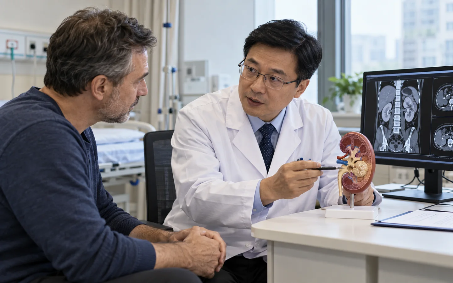 Chinese urologic oncologist explaining radical nephrectomy staging to an international adult patient with a kidney model