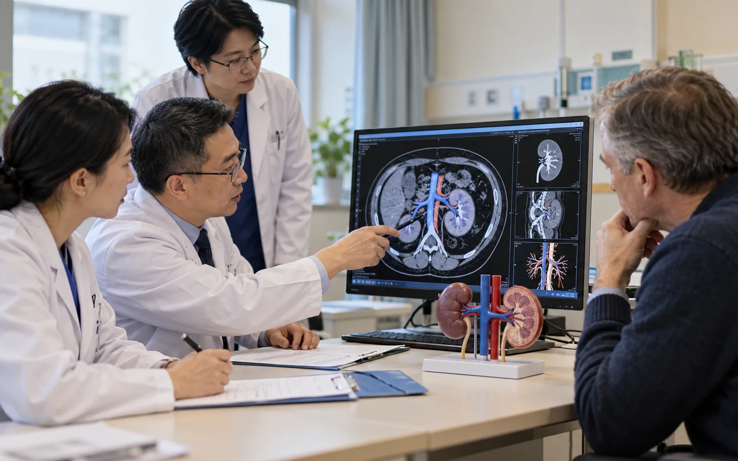 Chinese multidisciplinary kidney cancer team reviewing CT renal vein anatomy and remaining kidney function