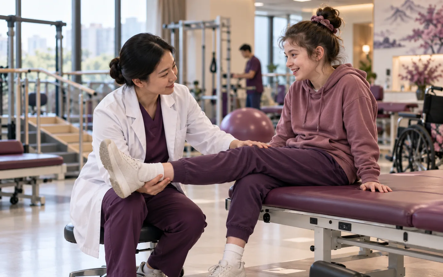 Chinese rehabilitation physician assessing function with an international rare disease patient