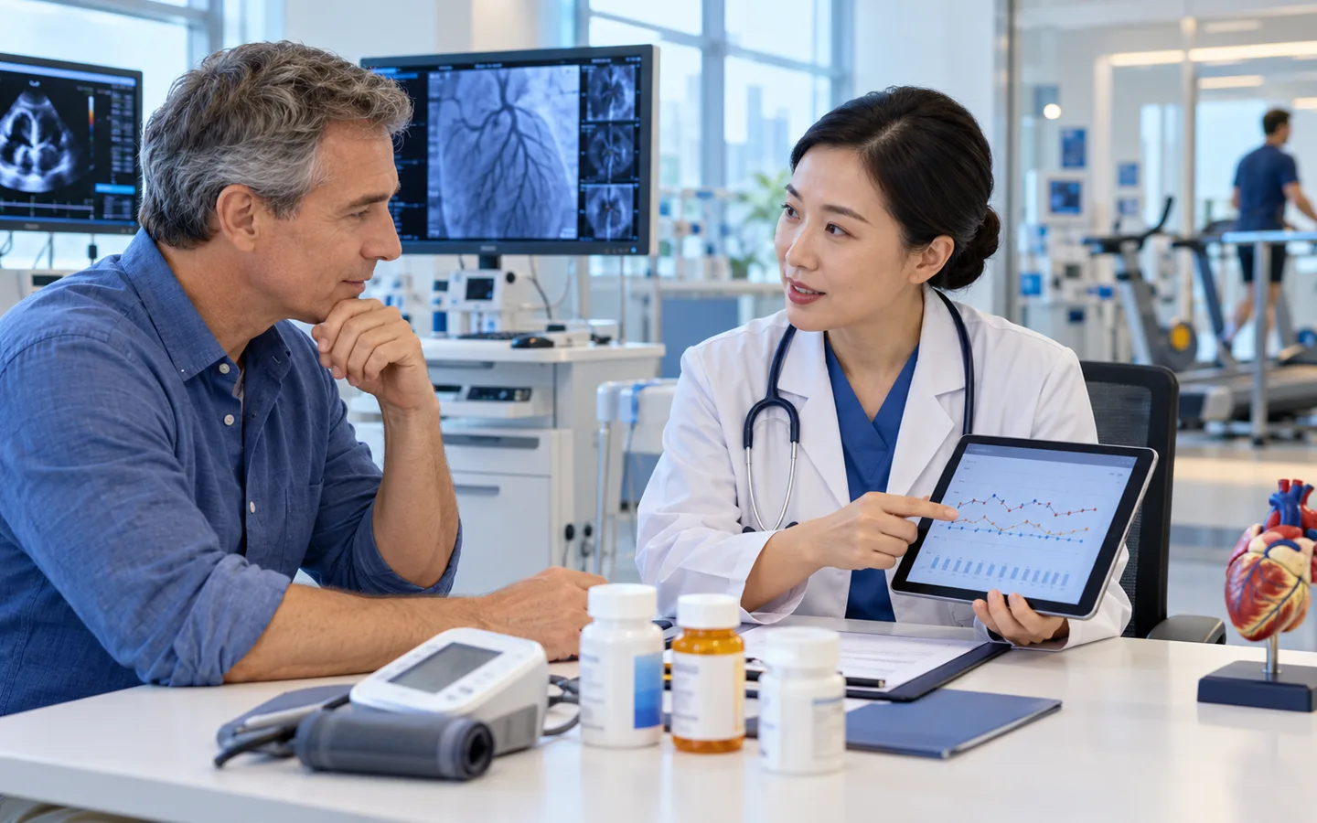 Chinese hypertension specialist reviewing home blood pressure patterns with an international patient