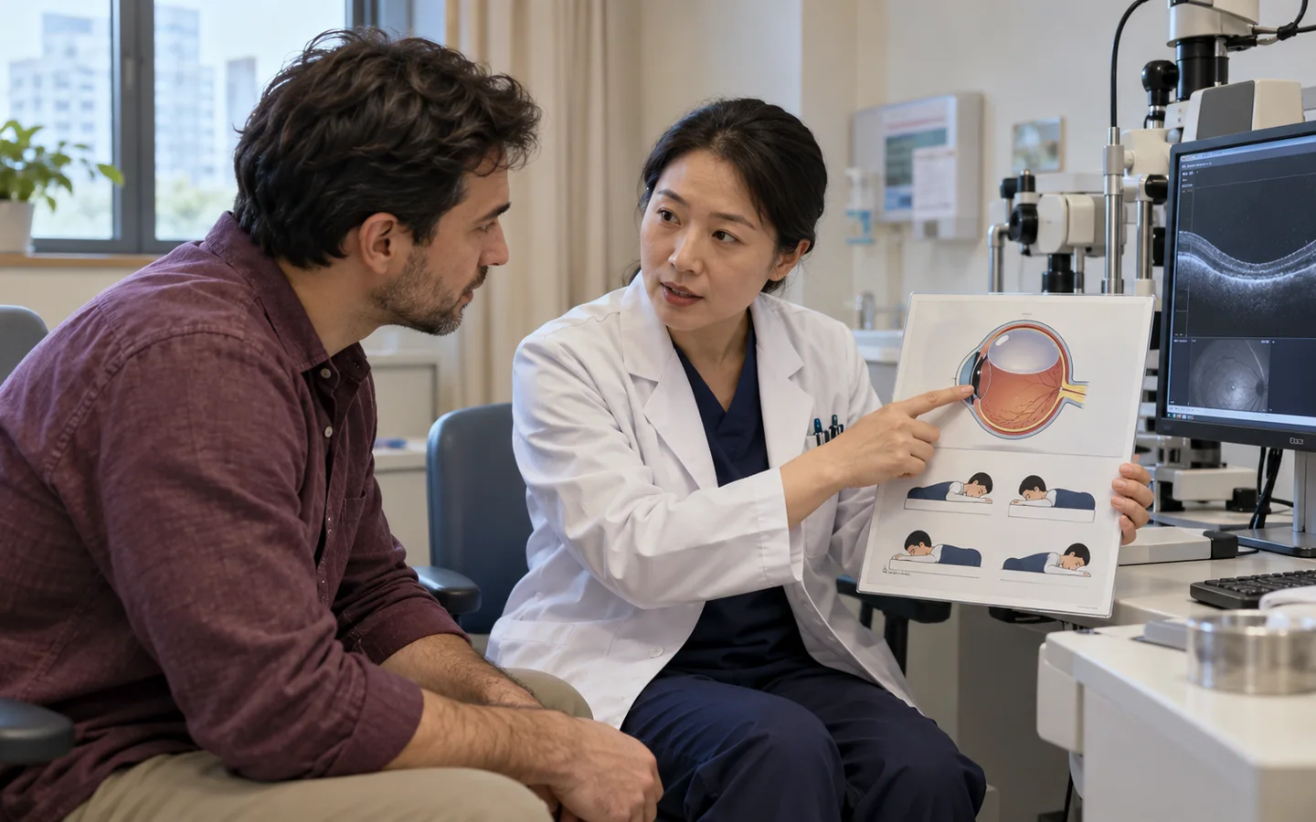 International adult patient reviewing gas bubble positioning and flight restrictions after retinal detachment repair