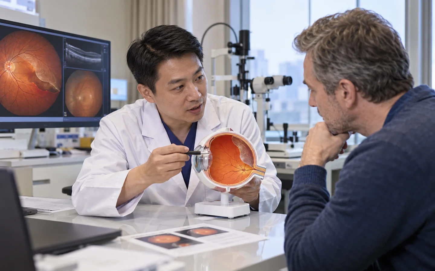 Chinese vitreoretinal surgeon urgently explaining retinal detachment repair choices to an international adult patient with an eye model