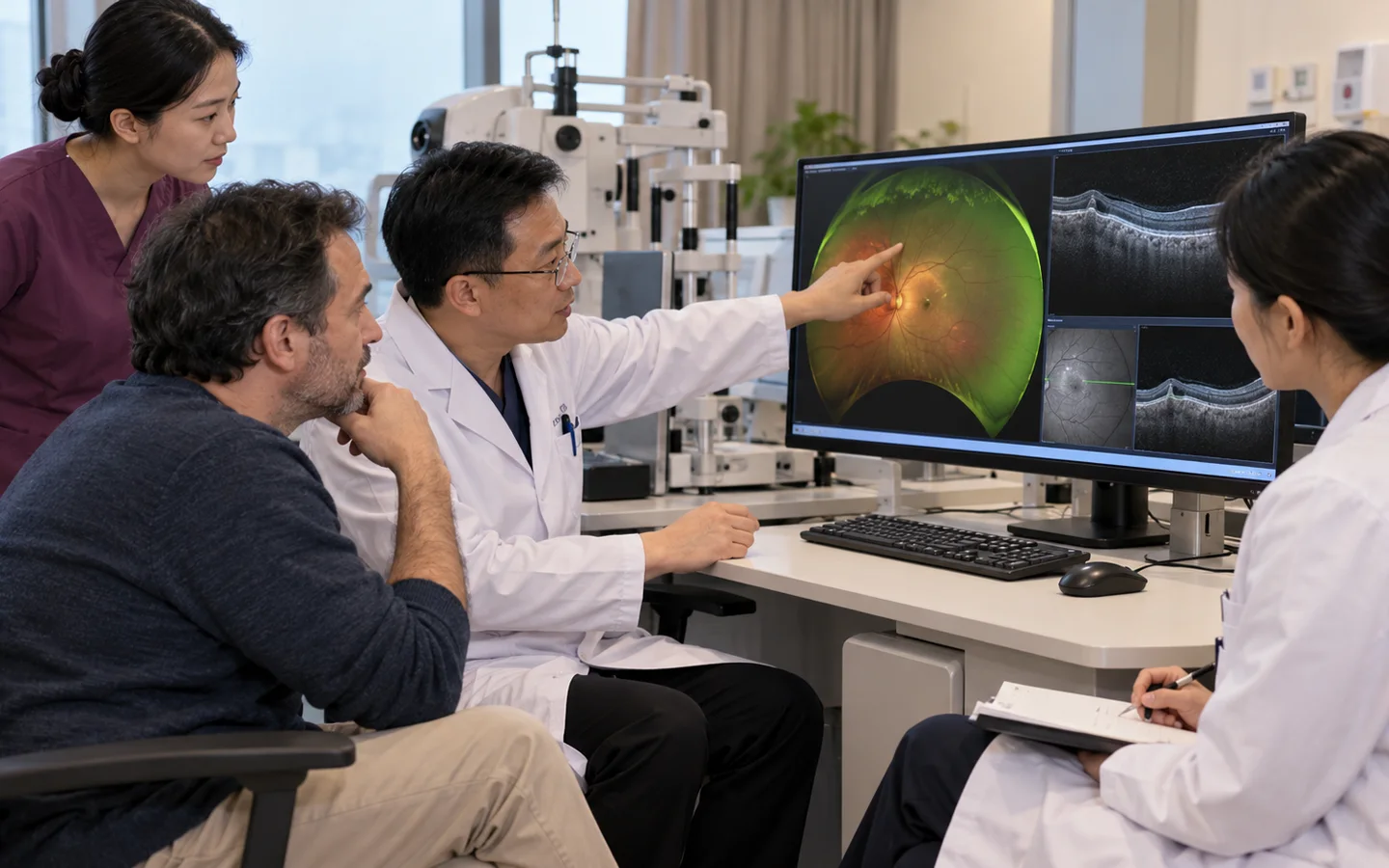 Chinese retina team reviewing wide field retinal imaging OCT tear location and tamponade plan