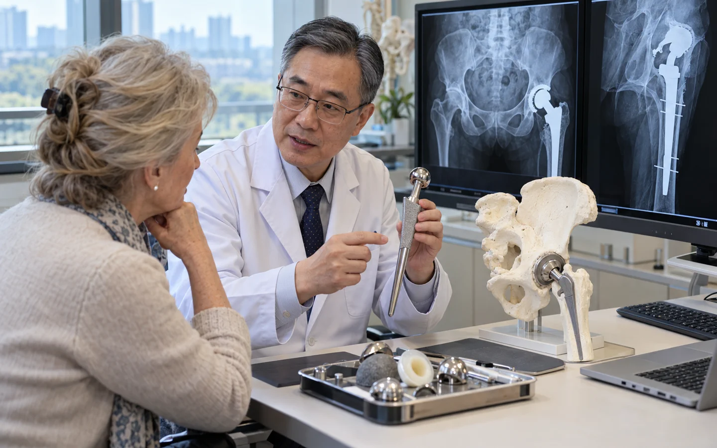 Chinese revision hip surgeon discussing long-stem components and implant X-rays with an international patient