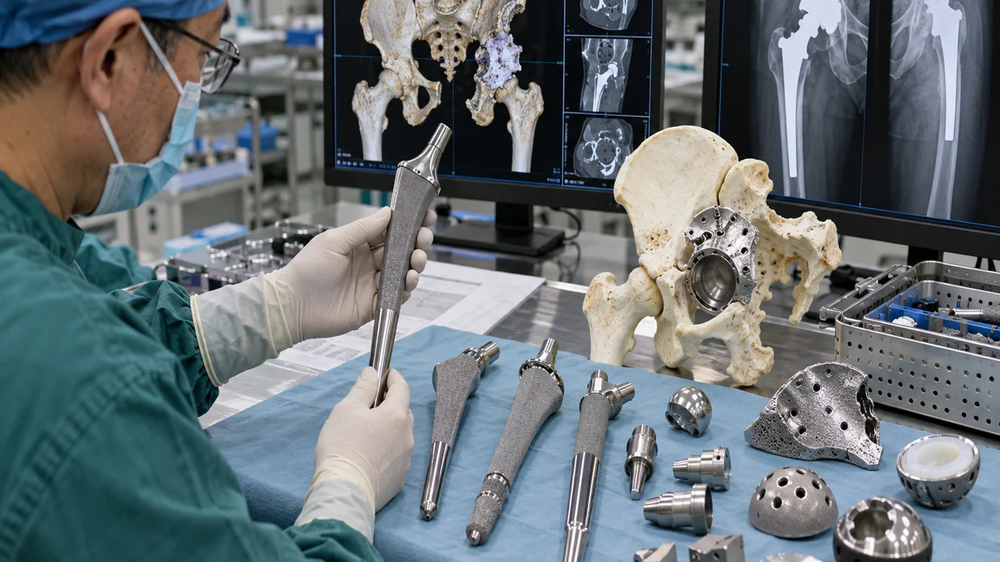 Long revision hip stems, acetabular augments, pelvis model and CT images used in reconstruction planning