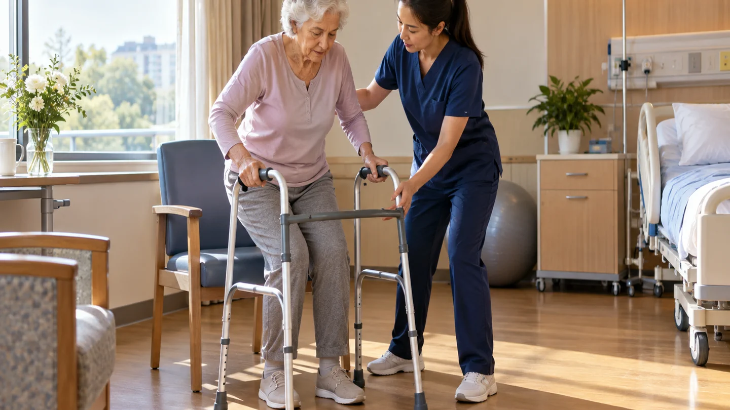 International patient practising a controlled sit-to-stand with a physiotherapist after revision hip replacement