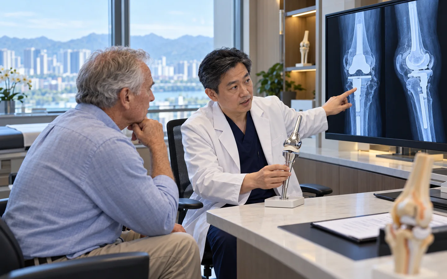 Revision-joint surgeon explaining a stemmed knee implant and radiographs to an international patient