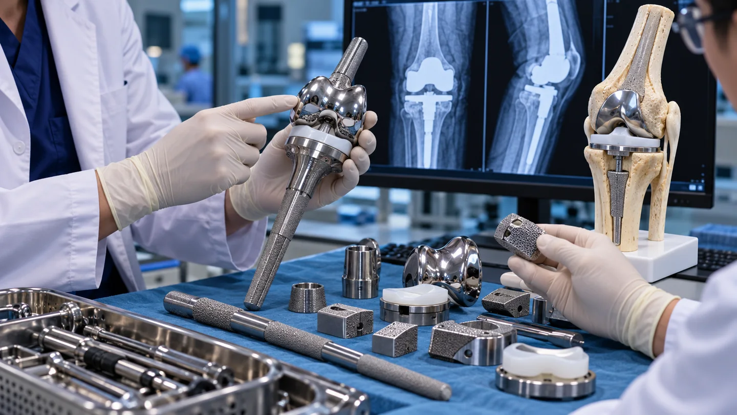 Stemmed revision knee components and augments being reviewed during complex surgical planning