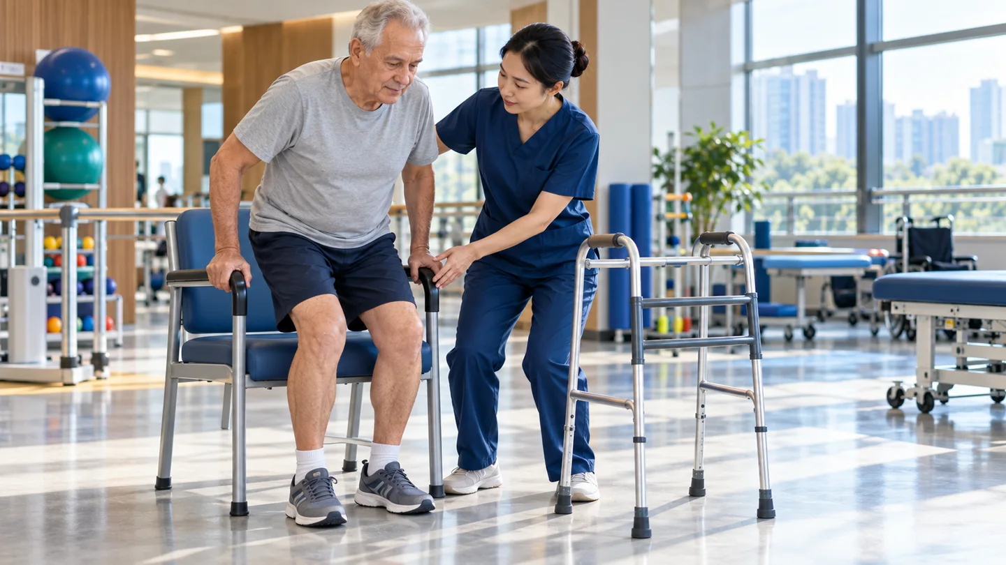 International patient practising a supervised sit-to-stand exercise after revision knee replacement
