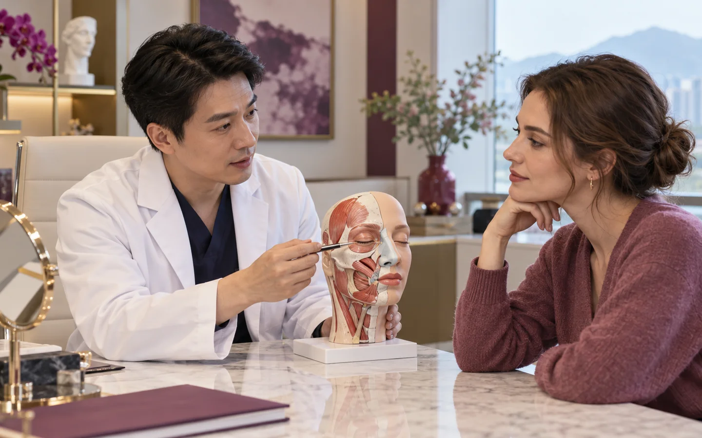 Chinese plastic and reconstructive surgeon explaining nasal support breathing and proportion planning with a facial model to a fully clothed international patient