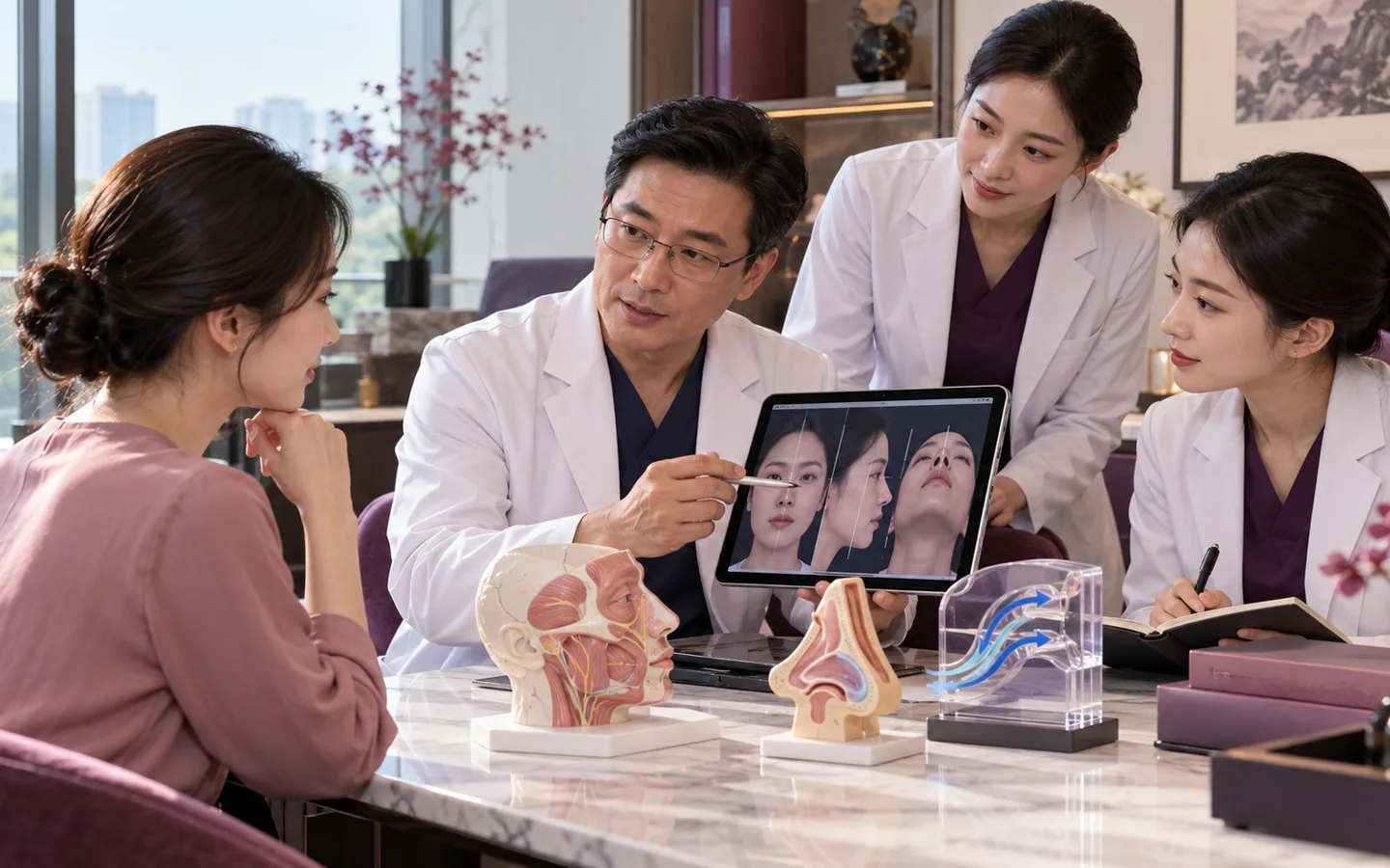 Chinese reconstructive team reviewing standardized photographs nasal endoscopy septum valves cartilage and simulation limits