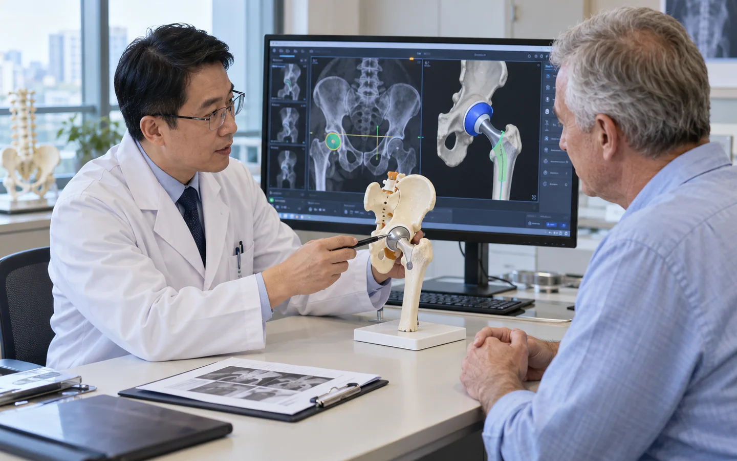 Chinese orthopedic surgeon explaining robotic-assisted hip replacement planning to an international patient