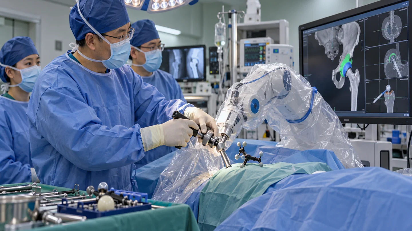 Chinese orthopedic surgical team using a surgeon-controlled robotic arm during a fully draped hip replacement