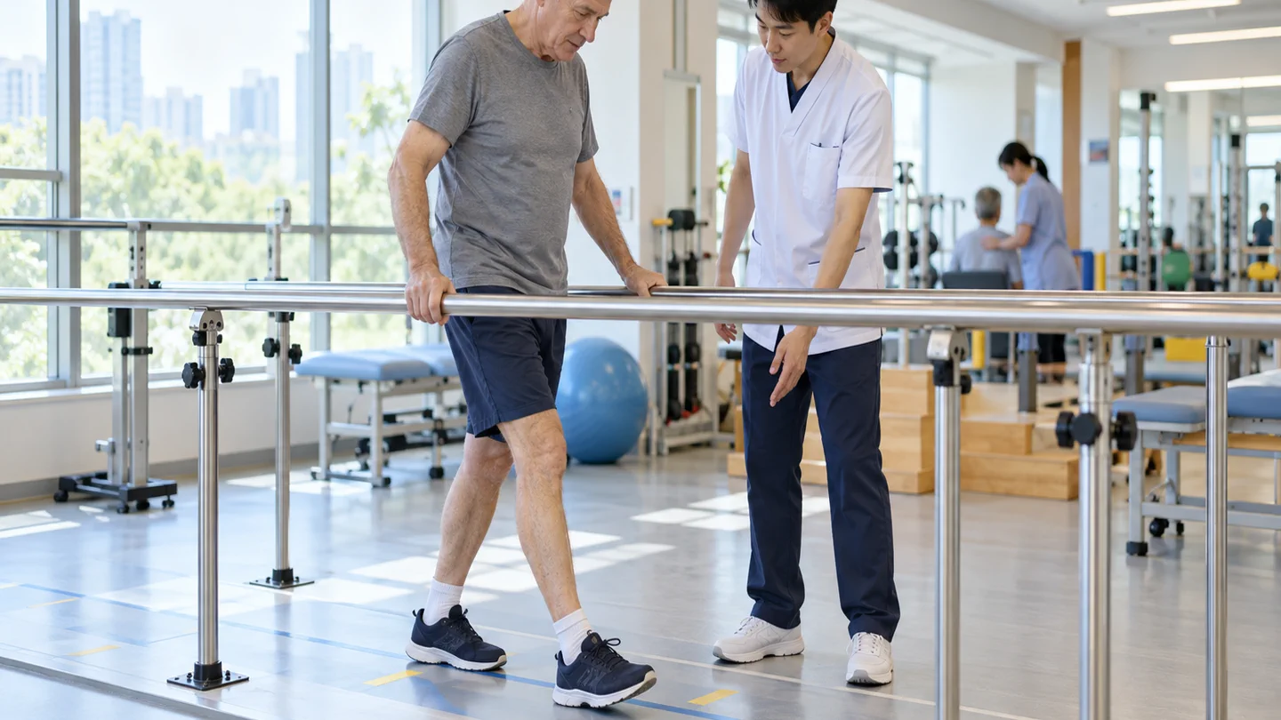 International patient practising gait alignment with a physiotherapist after robotic-assisted hip replacement