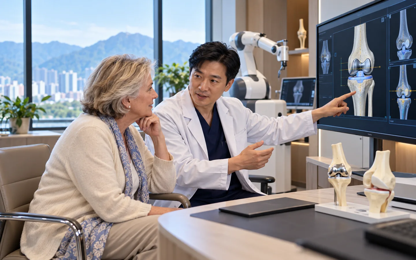 Orthopedic surgeon explaining robotic knee replacement planning to an international patient