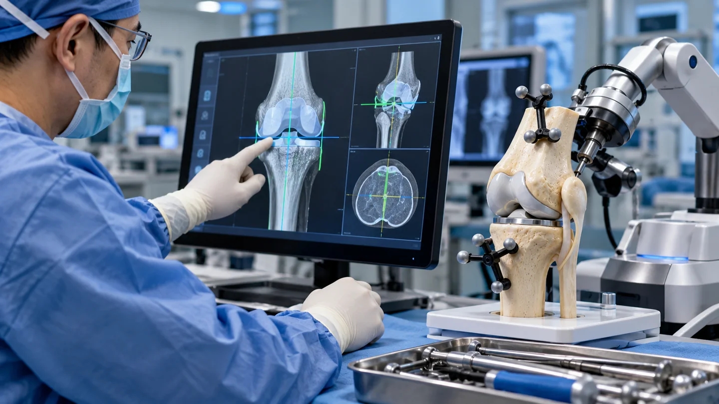 Surgeon using a knee planning workstation with tracking equipment and robotic guidance arm
