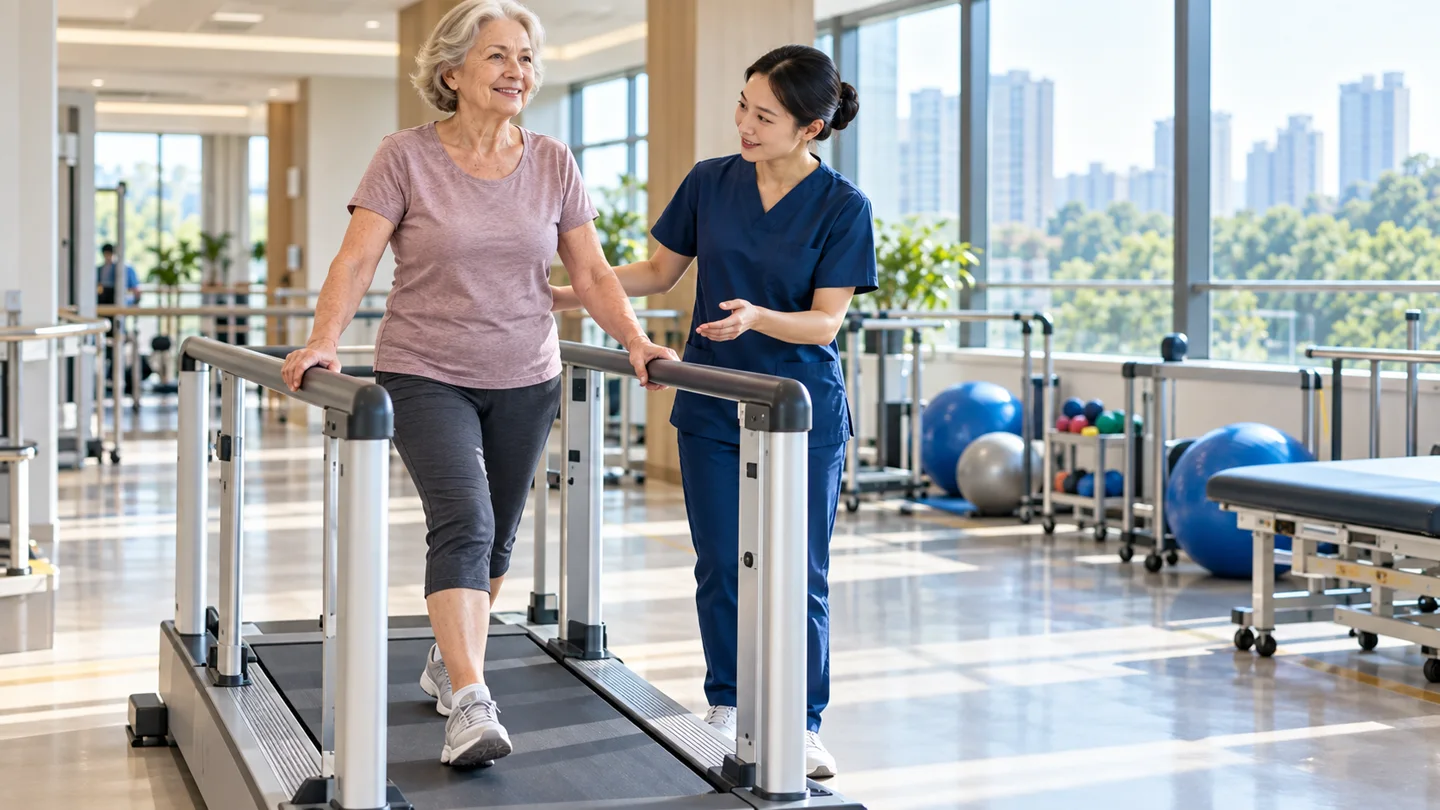 International patient practising supervised walking during rehabilitation after knee replacement