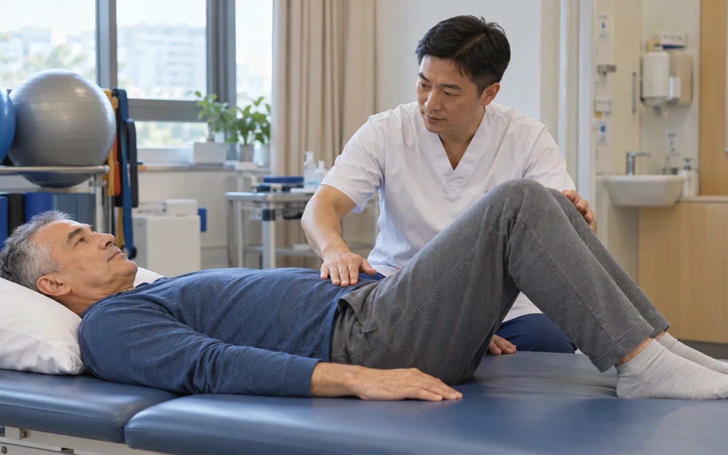 International adult patient practicing pelvic floor rehabilitation with a therapist after prostate surgery