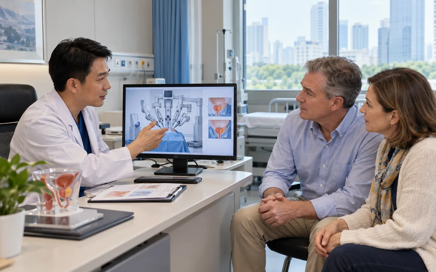 Chinese prostate cancer surgeon explaining robotic radical prostatectomy to an international adult patient and partner