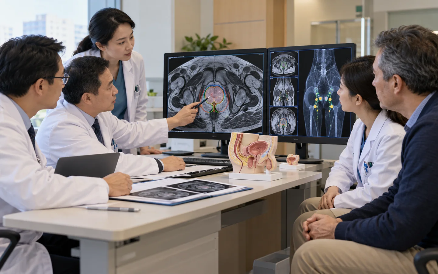 Chinese multidisciplinary prostate team reviewing MRI biopsy map nerve sparing and lymph node plan