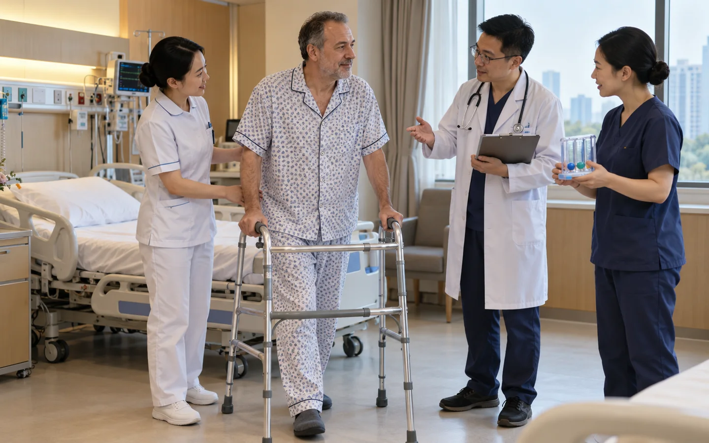 International patient completing mobility and breathing review after robot assisted thoracic surgery