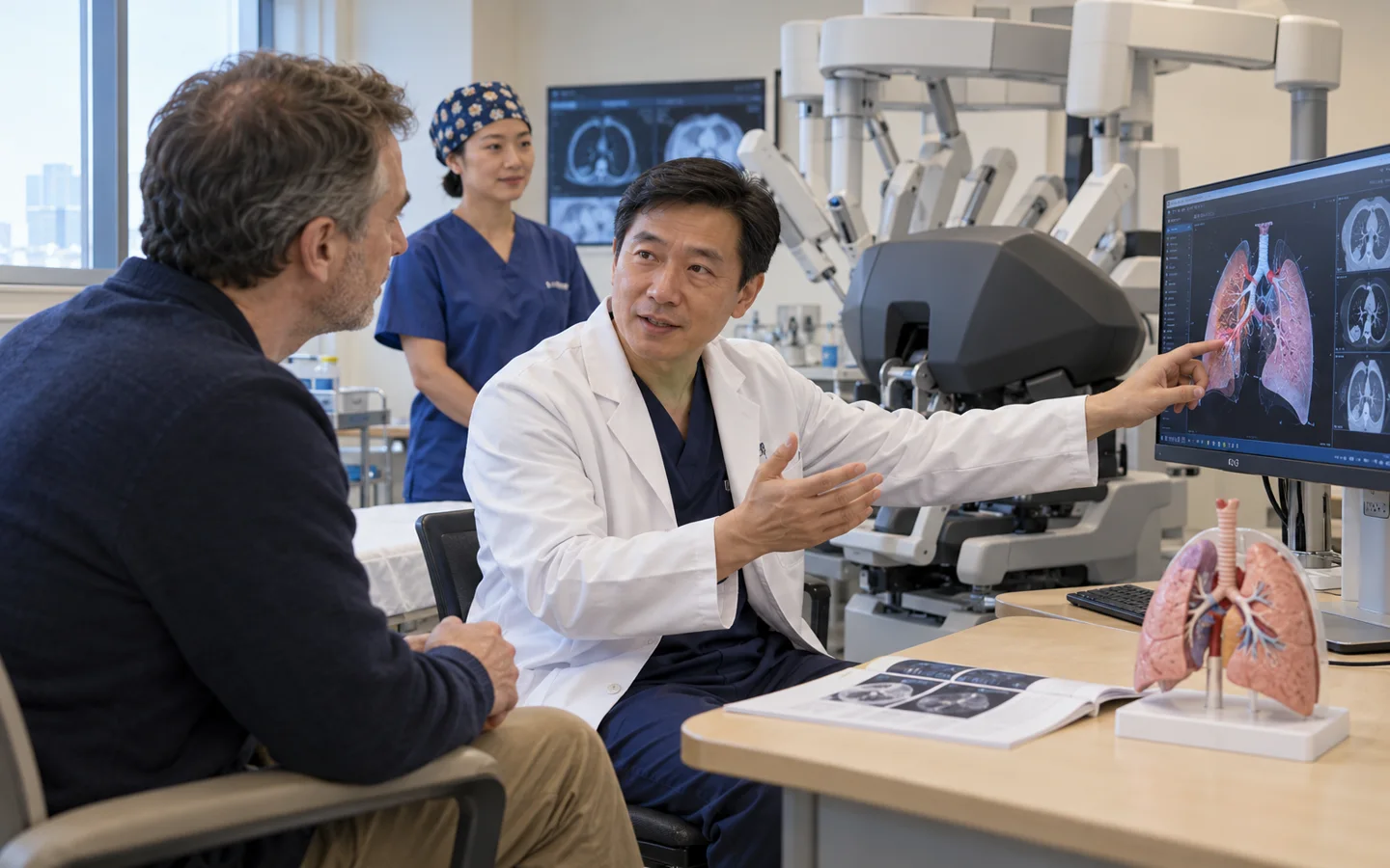 Chinese robotic thoracic surgeon explaining console assisted surgery to an international patient